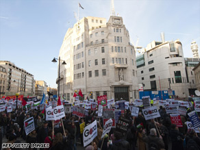 Demonstrators protest at the BBC's central London offices Saturday against the broadcaster's decision.