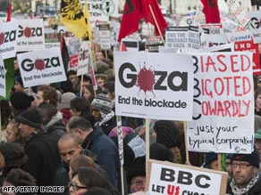 Protesters demonstrate in London Sunday against the BBC's decision not to show Gaza aid appeal.