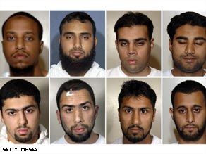 The eight men deny conspiracy to murder by plotting to blow up transatlantic aircraft.