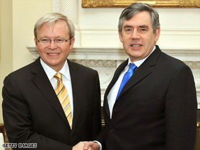 Gordon Brown, right, met Australian Prime Minister Kevin Rudd on Monday.