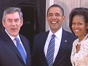 British PM Gordon Brown welcomes U.S. President Barack Obama and wife Michelle to Downing Street.