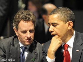 Treasury Secretary Timothy Geithner (left) sits with President Barack Obama Thursday at the G20 summit.