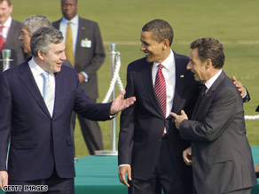 British Prime Minister Gordon Brown, President Obama, French President Nicolas Sarkozy Saturday in France.