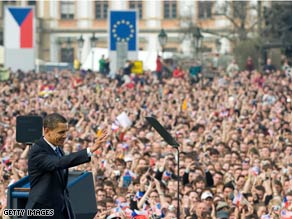 President Barack Obama faces a large crowd Sunday near the Prague Castle in the Czech Republic.