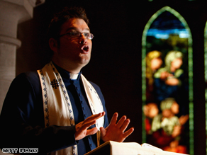 Scott Rennie rehearses a sermon at Brechin Cathedral in northeast Scotland.
