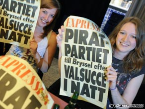 Pirate Party supporters celebrate the party's surprise victory in Sweden.