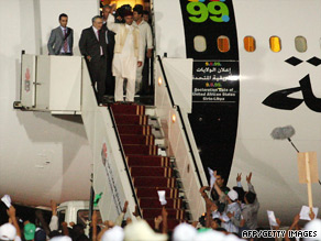 Abdelbaset Ali Mohmed al Megrahi (second from left) arrives in Tripoli, Libya, on August 21.