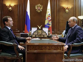 Russian President Dmitry Medvedev, left, and Prime Minister Vladimir Putin chat in Gorki earlier this month.