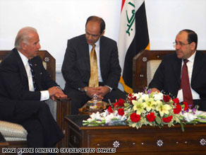 Vice President-elect Joe Biden meets with Iraqi officials, including Prime Minister Nuri al-Maliki, in Baghdad.