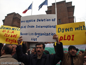 Demonstrators protest against EU decision outside the French embassy in Tehran on January 25.