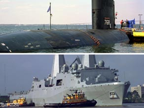 The submarine USS Hartford and amphibious ship USS New Orleans are shown in Navy photos.
