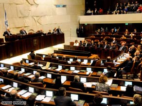 Benjamin Netanyahu, top left, presents his government in the Israeli parliament Tuesday in Jerusalem.