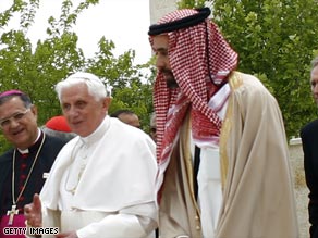 Pope Benedict, seen at the King Hussein mosque Saturday, told his hosts religious freedom is essential.