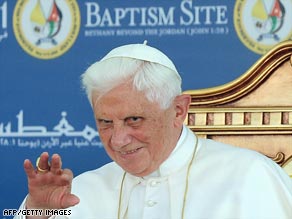 Pope Benedict XVI on the banks of the river Jordan on his first visit to the Middle East.