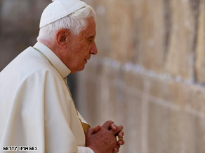 Pope Benedict XVI prays at the Old City's Western Wall, also known as the Wailing Wall.
