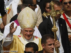 Pope Benedict XVI arrives to celebrate mass in Nazareth, the boyhood town of Jesus, on Thursday.