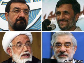 Candidates, clockwise, are: Moshen Rezaie, Mahmoud Ahmadinejad, Mir Hossein Moussavi and Mehdi Karrubi.