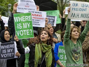 Iranians demonstrate near the Iranian Embassy in The Hague against the President Ahmadinejad's victory.