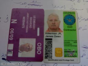 The ID cards of James Kitterman, an American contractor who was killed in Baghdad.