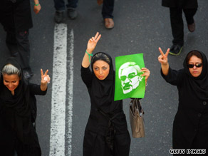 Iranian supporters of defeated reformist presidential candidate Mir Hossein Mousavi demonstrate on June 17, 2009, in Tehran.