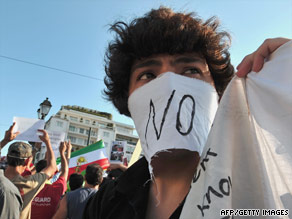 A supporter of Iran's defeated presidential candidate Mir Hossein Mousavi protests in Athens on June 23.