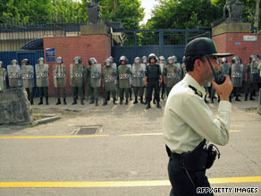 Riot police form a line during a protest outside the British embassy in Tehran on June 23.