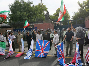 Iranian students protest outside the British embassy in Tehran on June 23.