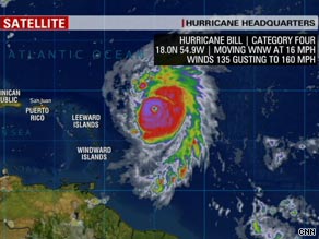 Hurricane Bill was about 460 miles east of the Leeward Islands at 5 a.m. ET Wednesday.