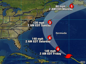 Bill appears Thursday in an enhanced satellite image. Large swells are expected on some Caribbean islands.