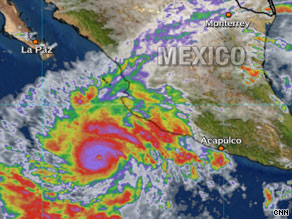 A satellite image shows Hurricane Jimena off the coast of Mexico early Sunday evening.