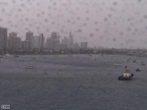 Rainy weather on the Australia's 'sunny' Gold Coast covers the camera lenses with raindrops forcing the chopper to land.