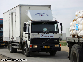 A Mercy Corp truck on its way to a checkpoint to cross the border to deliver food and other humanitarian supplies to Gaza residents.