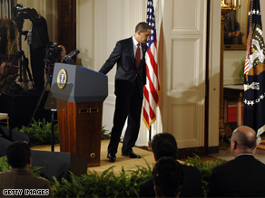 Pres. Obama steps away from the podium after his press conference on his economic stimulus plan.