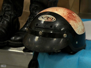A blood-stained helmet of a police officer killed in Juarez, Mexico.