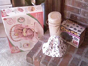 Thanks to the blog, I've got a Chia Pet and a baby bouncer. Here's the hat that is keeping me sane. 