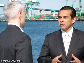 Anderson walks through the Port of Los Angeles with Mayor Antonio Villaraigosa, who says he needs federal stimulus money for “green” upgrades to make the port cleaner and more efficient.