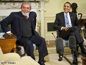 President Obama jokes with reporters in an Oval Office meeting with Brazilian President Lula da Silva on Saturday.