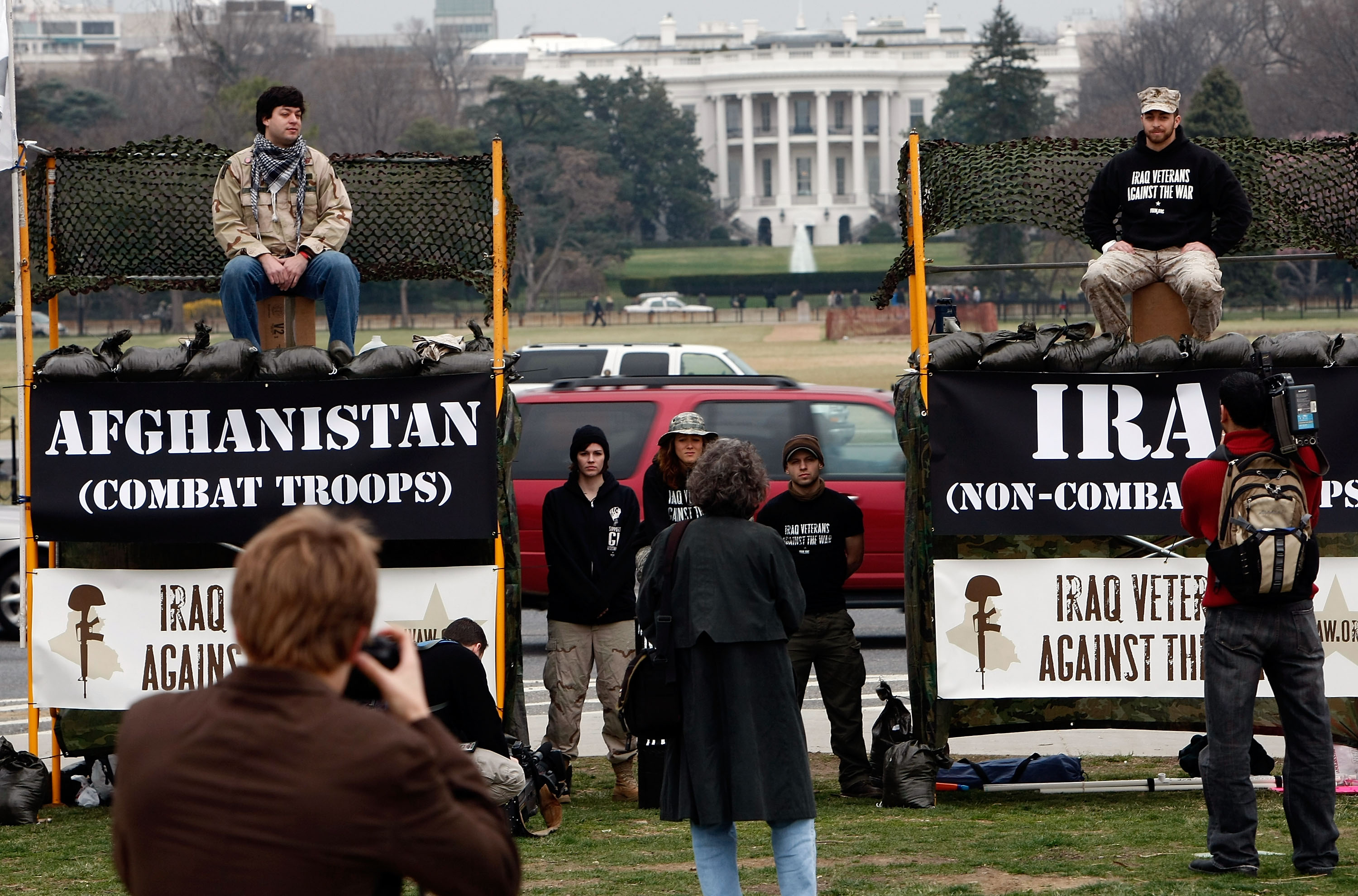 Win McNamee/Getty Images. Washington DC.Veterans of the wars in Iraq and Afghanistan protest outside the White House March 19, 2009 in Washington, DC. The veterans protested against 'President Obama's deceptions about his foreign policy,' and to mark the sixth anniversary of the Iraq war.