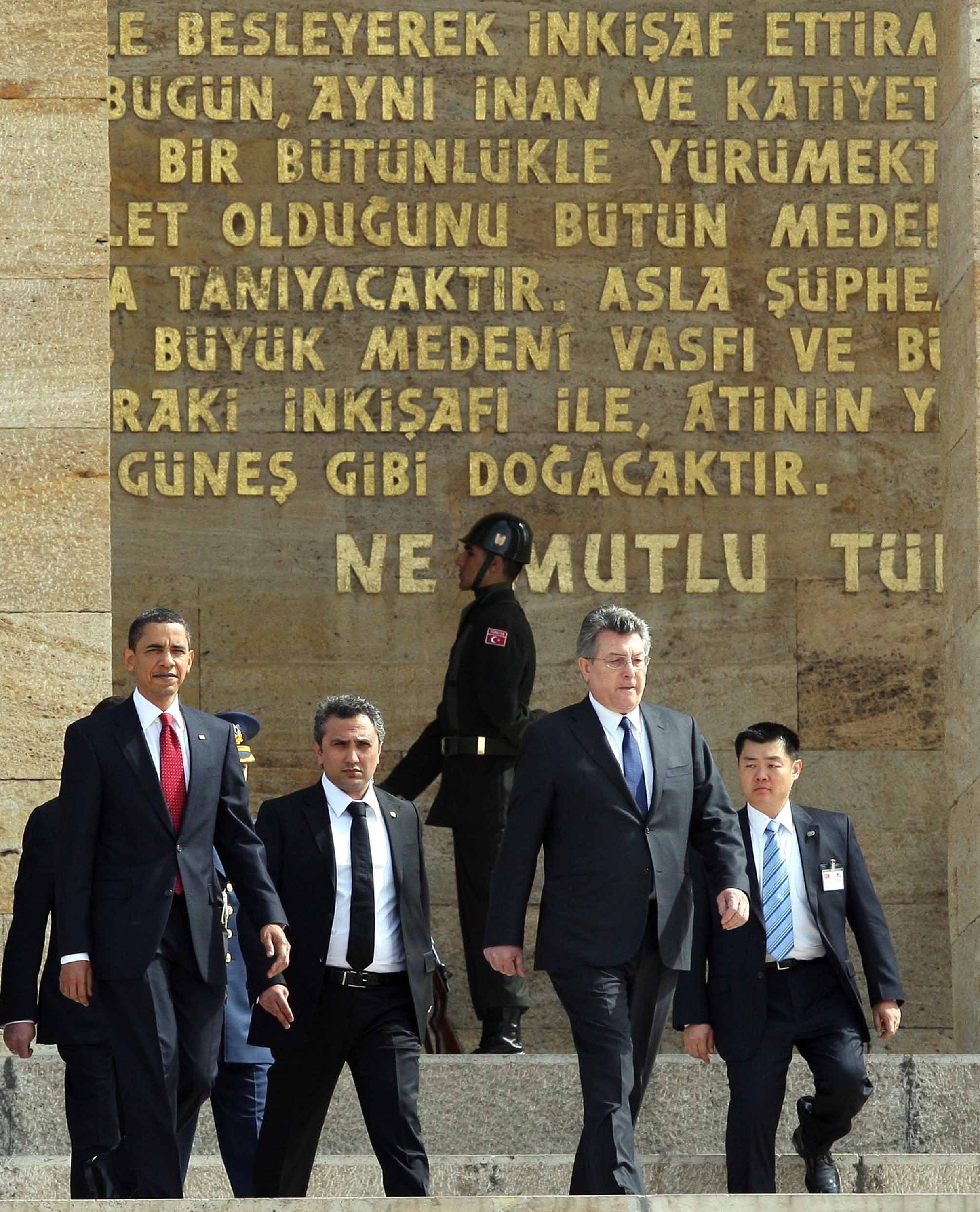 Getty Images. US President Barack Obama (L) attends a wreath-laying ceremony at the mausoleum of Mustafa Kemal Ataturk, founder of modern Turkey on April 6, 2009 in Ankara, Turkey. Obama is on a two-day visit to Turkey to revitalise links between Turkey and the United States and he has vocalised his support for the country's efforts to join the European Union.