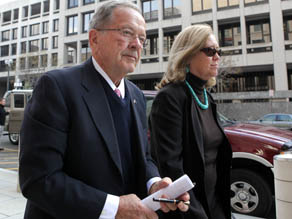 Former U.S. Sen. Ted Stevens and his wife Catherine outside the federal courthouse on Tuesday in Washington, DC