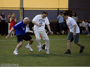 UN Secretary General Ban Ki Moon plays soccer with other world diplomats on Saturday in New York City.