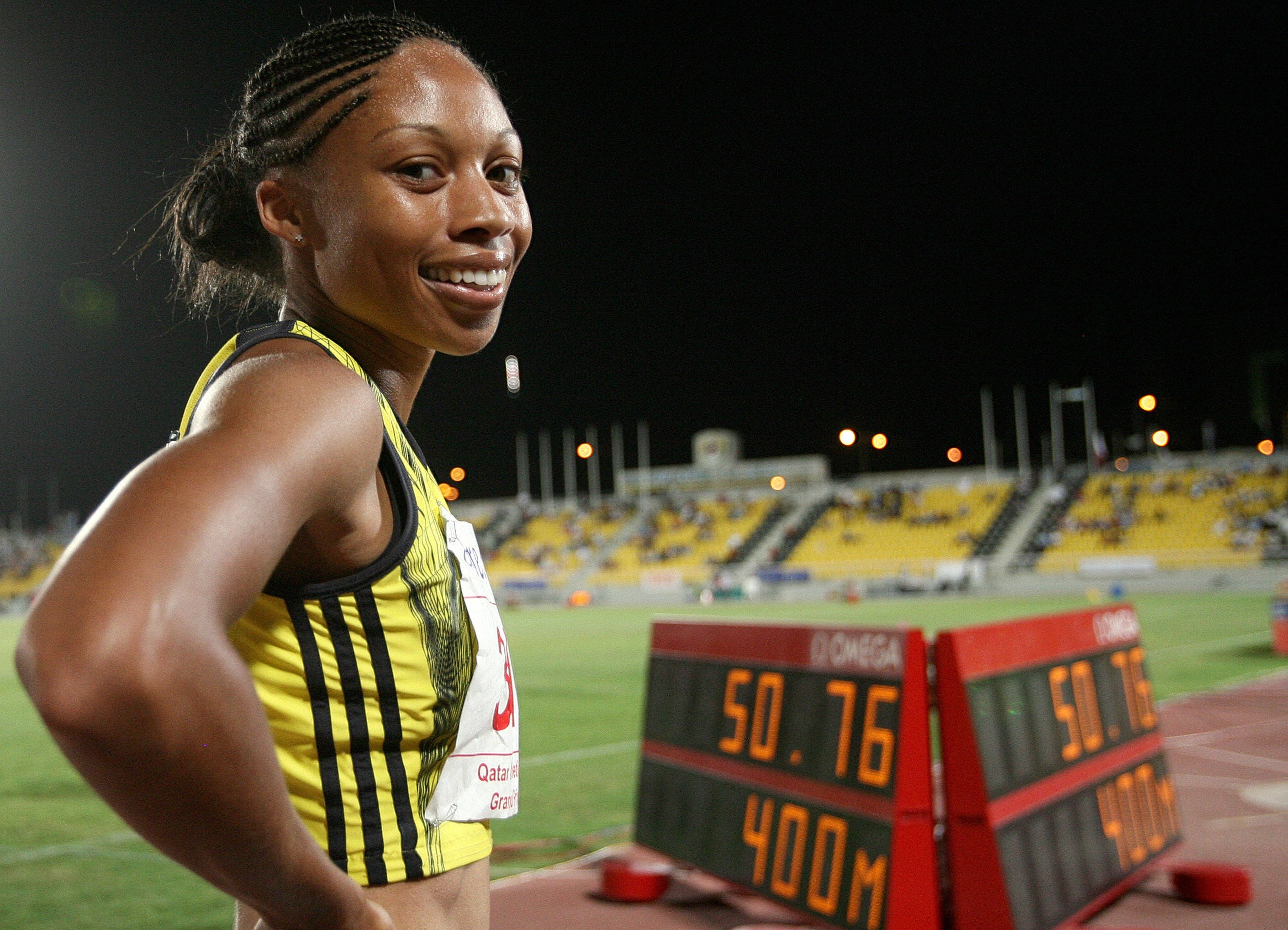 MARWAN NAAMANI/AFP/Getty Images. US two-time Olympic silver medalist and a two-time Athletics World Championship gold medalist Allyson Felix flashes a smile after winning the 400 meters race at the Qatar Super Grand Prix in Doha on May 08,2009. Amantle Montsho from Botswana came seciond and Shericka Williams of Jamaica took third place.
