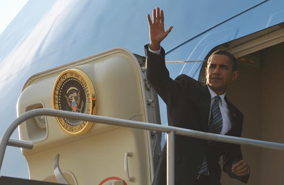President Obama boards Air Force One June 2, 2009 as he starts a 4-day trip, which will take him to Saudi Arabia, Egypt, Germany and France.