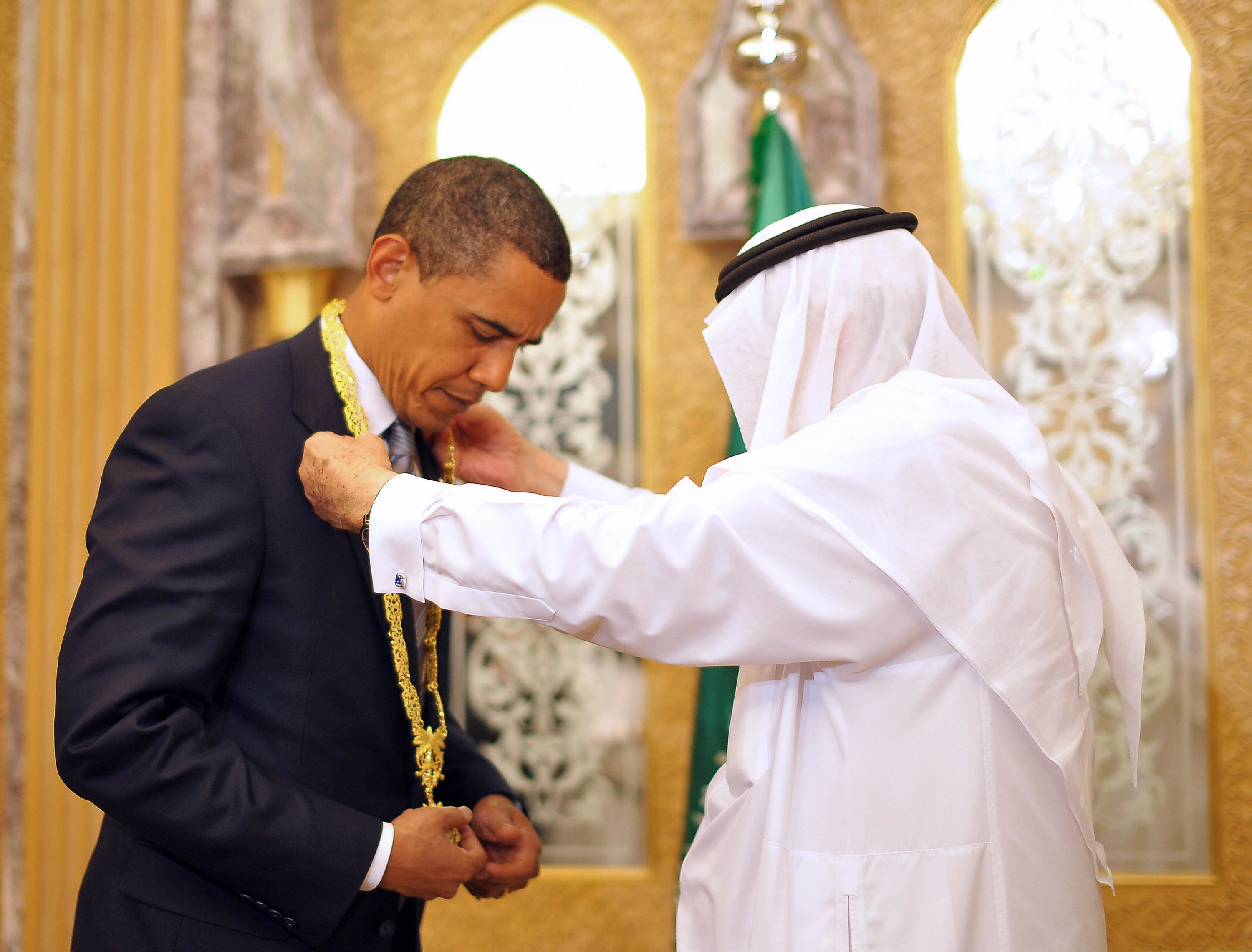 MANDEL NGAN/AFP/Getty Images. Saudi King Abdullah bin Abdul Aziz al-Saud presents US President Barack Obama (L) with the King Abdul Aziz Order of Merit during a bilateral meeting at the king's ranch in al-Janadriya in the outskirts of Riyadh June 3, 2009. Obama launched a landmark Middle East trip to reach out to the world's Muslims, but earned a swift rebuke from Osama bin Laden in a stinging new audiotape.
