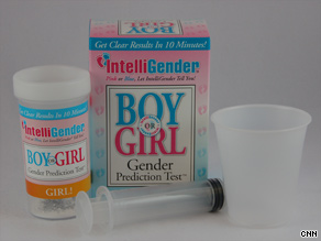 IntelliGender makes a gender prediction test. If a urine specimen turns orange, it's a girl. Green is for boys.