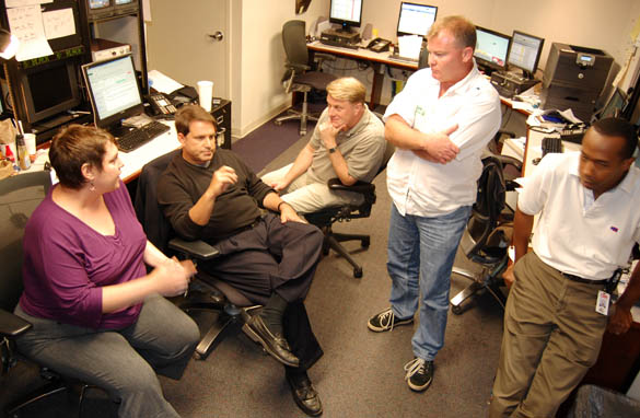 Team Sanchez in action.  l-r: Executive producer Angie Massie, Rick Sanchez, copy editor Jim Reed, writer Vince Lennon, producer Michael Heard.