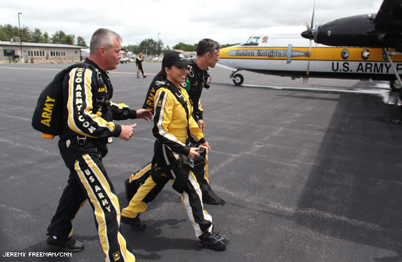 Robin looking fearless as she heads to the plane on her way to skydive.
