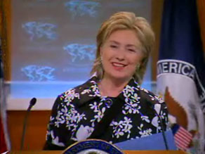 Secretary of State Hillary Clinton joked about her broken elbow at a State Department briefing today.
