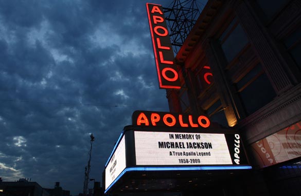 A general view of the exterior of The Apollo Theater during a public memorial for Michael Jackson on June 30, 2009 in New York City. Getty Images