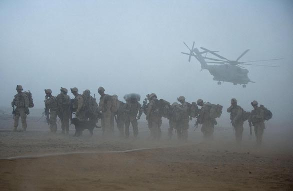 US Marines wait for helicopter transport as part of Operation Khanjar at Camp Dwyer in Helmand Province in Afghanistan on July 2, 2009. Getty Images